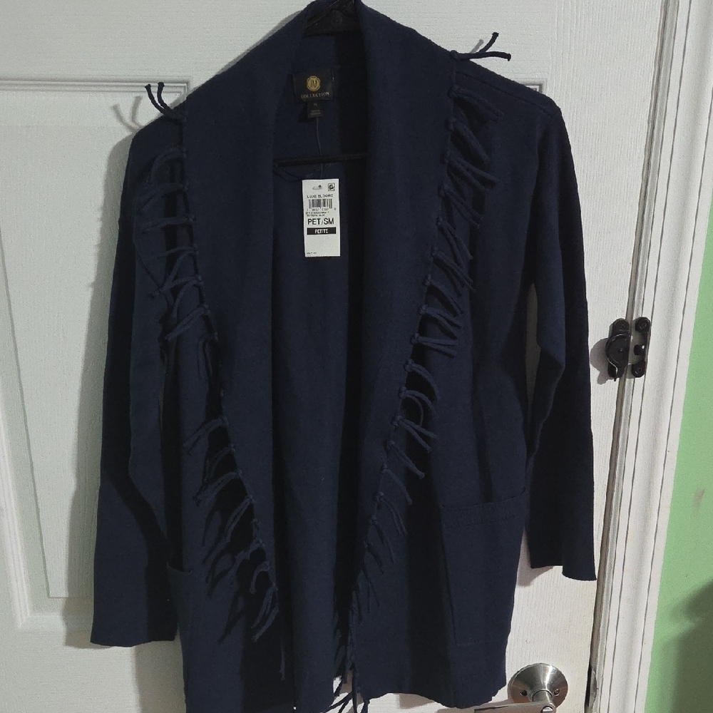 JM Collection Navy Cardigan with Fringe Detail